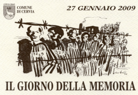 IN RICORDO DELLA SHOAH - Cartolina ufficiale della Manifestazione su bozzetto realizzato dall'artista Antonio Dal Muto di Cesena